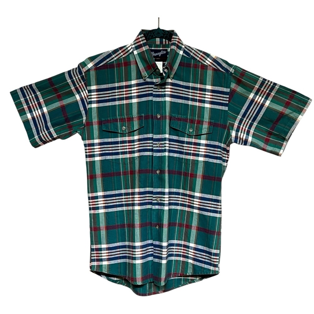 Wrangler Men’s Vintage Green Plaid Short Sleeve Button Down Shirt Size Medium